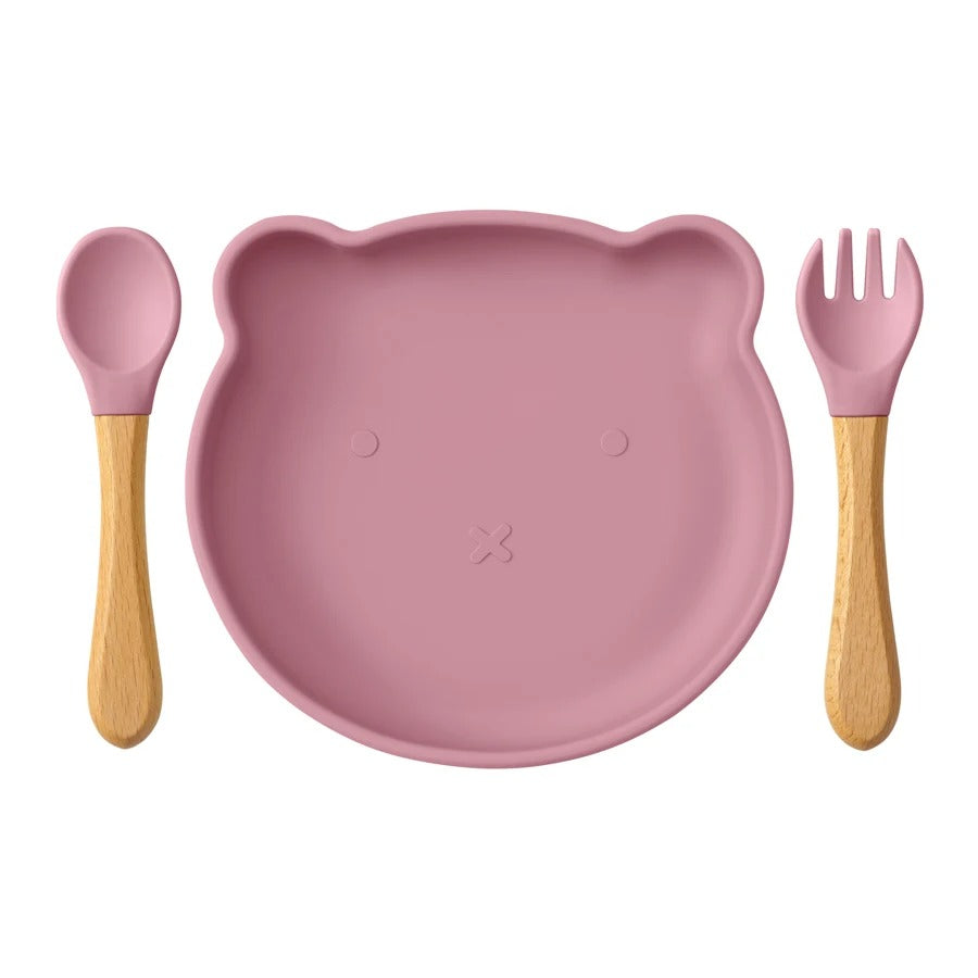Baby Feeding Set Silicone Suction and Wooden Handle