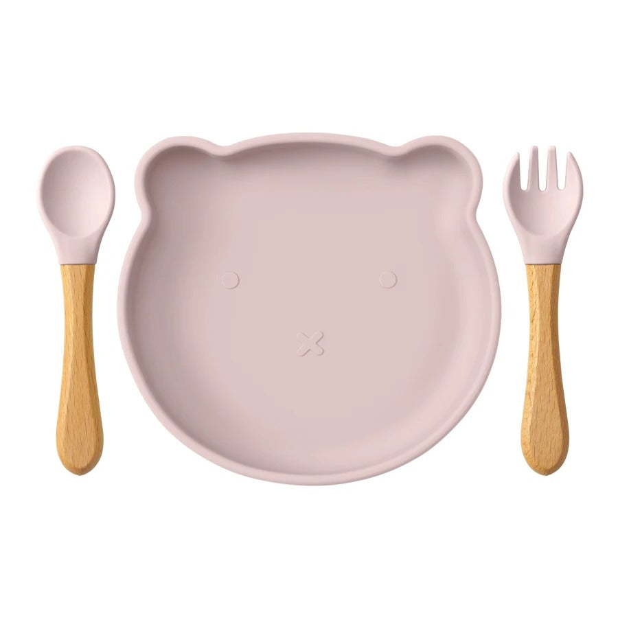 Baby Feeding Set Silicone Suction and Wooden Handle