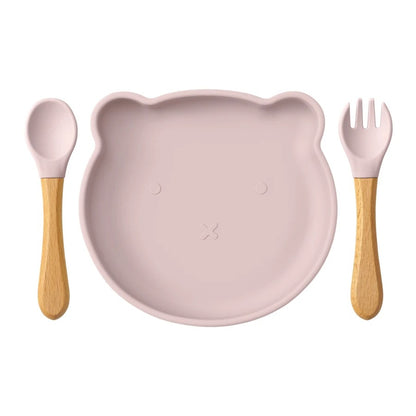 Baby Feeding Set Silicone Suction and Wooden Handle