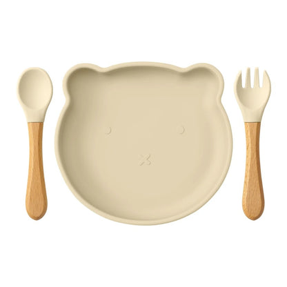 Baby Feeding Set Silicone Suction and Wooden Handle