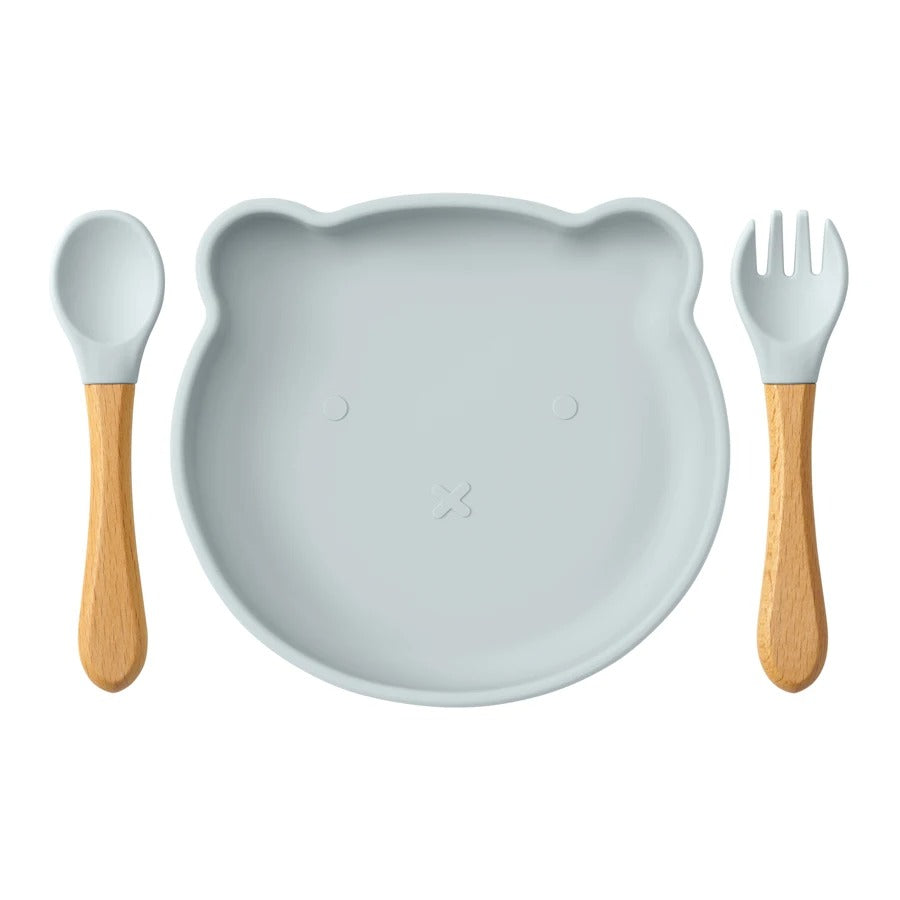 Baby Feeding Set Silicone Suction and Wooden Handle